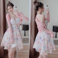 Sét Đầm Váy Nữ Voan Hoa 2 Dây Đính Cườm Kèm Áo Khoác Ngoài Dài Tay Thời Trang Kiểu Cách Đi Chơi, Đi Dự Tiệc Hoặc Công Sở