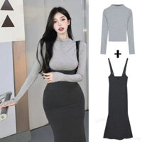 Set đầm yếm 2 dây đuôi cá kèm áo len xám cổ lọ tay dài siêu tôn dáng