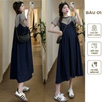 SET ĐẦM YẾM BẦU BÒ GỒM ÁO THUN CỘC TAY VÀ VÁY JEANS 2 DÂY MỀM MÁT V834 - VÁY DENIM MÙA HÈ XINH FREESIZE