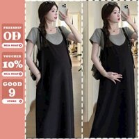 Set đầm yếm bầu chất cotton mềm mát X208-Váy bầu thiết kế yếm rời kèm áo dáng dài phong cách trẻ.