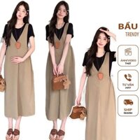 Set đầm yếm bầu thiết kế váy yếm phong cách trẻ có dây chỉnh eo kèm áo cộc cotton co giãn 4 chiều mềm mát X297