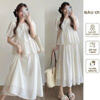 SET ĐẦM YẾM BẦU TIỂU THƯ DỰ TIỆC CƯỚI MÙA HÈ CHẤT LIỆU TƠ TẰM MỀM MÁT V860 GỒM ÁO SƠ MI VÀ CHÂN VÁY DÁNG SUÔNG