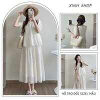 SET ĐẦM YẾM BẦU TIỂU THƯ GỒM ÁO SƠ MI VÀ CHÂN VÁY DÁNG SUÔNG CÓ ĐÁP BỤNG VÀ CHỈNH CHUN TIỆN LỢI - VÁY BẦU CÔNG SỞ