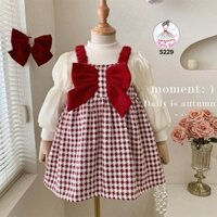 Set đầm yếm caro đỏ đính nơ kèm áo dài tay lót nỉ phối voan, đầm giáng sinh ,đầm noel, đầm tết bé gái, đồ thu đông bé gá