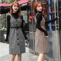 Set đầm yếm caro nút 2 dây bảng sát nách kèm áo len tay dài hàng QC TOMBI SHOP