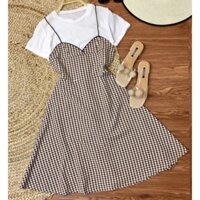 Set đầm yếm caro xoè phối áo thun trắng
