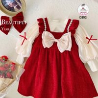 Set đầm yếm đỏ đính đá viền áo nơ kem kèm áo dài tay voan lót nỉ dày dặn mùa Đông [MyMyBaBy D352]