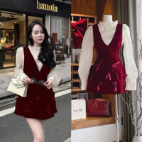 Set đầm yếm nhung cứng đính nơ sát nách cổ V phối áo sơ mi cổ bèo tay dài chất vải tơ mỏng
