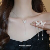 Set dây chuyền chữ Y, bông tai hồ điệp màu pastel nhẹ nhàng, phong cách tiểu thư - phukienhana