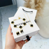 Set dây cổ, Khuyên tai titan cỏ 4 lá cao cấp không han gỉ, Vòng tay cỏ bốn lá nhiều màu hot (Hàng hai mặt hoa)