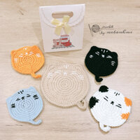 Set đế lót ly, lót bình họa tiết mèo bằng len handmade