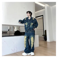 Set Denim Jeans Rock Chic Ver.2 Gồm Áo Khoác Jean’s Jacket Form Unisex Và Quần Jeans Ống Rộng Xé Wash