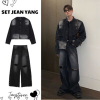 Set Denim Jeans YANG Gồm Áo Khoác Denim Jacket Form Unisex Và Quần Jean denim trơn Wash Loang Xám Form Suông