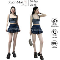 Set denim/jeans 2 món áo croptop 2 dây đính nơ kèm chân váy xếp ly tầng tua rua có quần trong chun lưng co giãn y2k