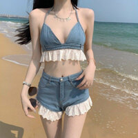 Set đi biển 2 món áo cột nơ quần đùi chất jean phối jean,set bikini denim hè phong cách ⛅️ hình thật mấy ảnh cuối