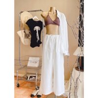 SET ĐI BIỂN: ÁO BRA NÂU CHUN NGỰC + QUẦN TRẮNG SUÔNG DÀI RÚT DÂY CỘT EO + ÁO KHOÁC SƠ MI VOAN TƠ MỎNG (TH)