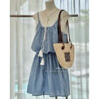 Set Đi Biển Áo Ren Bèo Hai Dây Phối Yếm Kẻ Caro Xanh Phối Dây Rút Dáng Ngắn Phong Cách Hàn Quốc Vibe Mùa Hè Ngọt Ngào