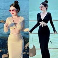 Set Đi Biển Siêu Hot Chất Len Ren Áo Tay Dài Xoắn Ngực Mix Chân Váy Đuôi Cá Dây Thắt Eo