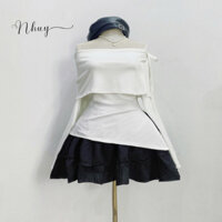 Set đi chơi bigsize nữ áo trễ vai tay dài chất vải tăm mềm mịn kèm chân váy xòe chất xốp đũi - SET942