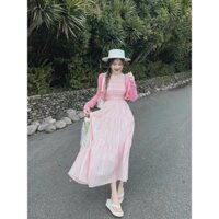 SET ĐI CHƠI, SET 2 MÓN ÁO KHOÁC GÂN TAY DÀI PHỐI VÁY MAXI YẾM SỌC CỰC KUTE