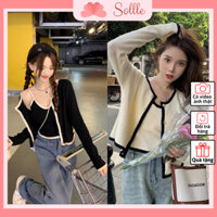 Set đồ áo khoác cardigan len dệt kim và áo 2 dây croptop viền vintage Hàn Quốc Sollle