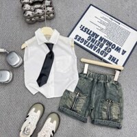 sét đồ ba chị tiết gồm áo sơ mi trắng kèm ca vat kết hợp quần jean màu xanh bạc chất vải mềm mại sz 10-30kg cho bé trai