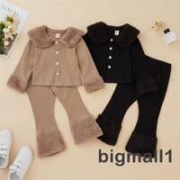 Set đồ bé gái gồm áo khoác tay dài dệt kim sọc gân có nút cài phối lông nhung và quần dài lưng cao co giãn