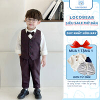 Set đồ bé trai công tử cao cấp gồm quần baggy, áo gile, áo sơ mi và nơ cổ sang trọng