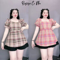 Set đồ bigsize nữ áo babydoll tay bồng chất vải caro sọc kèm quần đùi dáng chữ A dành cho nàng chuppy 58-95kg SET67