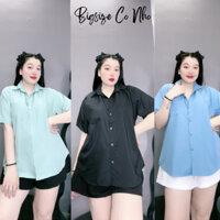 Set đồ bigsize nữ áo sơ mi có túi tay ngắn lụa chéo kèm quần đùi lưng chun co giãn vải fos năng động mặc mát- SET902