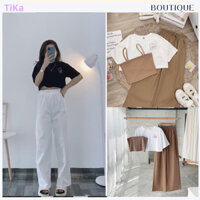Set đồ BỘ 3 MÓN quần ống rộng dáng suông nữ, áo phông croptop và áo thun hai dây chất liệu cotton thun thoáng mát