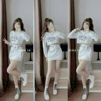 Sét đồ bộ áo croptop tay dài có mũ in chữ sang chảnh, dễ thương phối chân váy ôm dáng cực đẹp D013