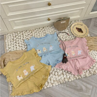 Set đồ bộ bé gái CHOUCHOU áo ba lỗ in hình thú mix quần sooc viền bèo tone màu pastel cực xinh CC02