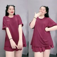Set đồ bộ bigsize nữ áo thun túi sọc ngang from rộng tay ngắn và quần váy A xòe xếp ly vải cotton mềm mát