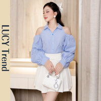 Set đồ bộ công sở áo sơ mi kẻ xanh khoét vai kèm chân váy ngắn chữ a tenis xếp li đi học đi chơi đi làm phong LUCY CH11