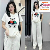 Sét Đồ Bộ Dài Nữ, áo cổ tròn thêu hình sắc xảo, quần dài from rộng, vải cotton xịn