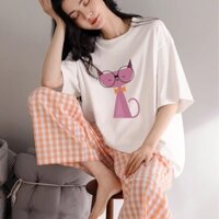 Sét đồ bộ dài nữ quần Baggy caro đũi áo thun in hình style Hàn Menina_studio, sét nữ baggy mặc nhà trẻ trung cotton
