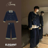 Set đồ bộ denim áo khoác denim phối quần jean ống xuông rộng hoạ tiết caro sọc kẻ thời trang nam nữ Hàn Quốc