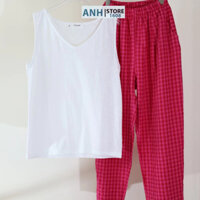 Set đồ , bộ đồ áo 3 lỗ , quần dài caro Baggy nữ ANHSTORE chất cotton phom rộng full size tới 68kg