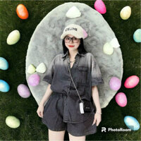 Sét đồ bộ đùi thời trang nữ chất Jean quảng châu loang màu thêu chữ form rộng Luna