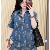 Sét Đồ Bộ jeans Nữ Cao Cấp Áo Sơ Mi Tay Lỡ Nút Bấm Kèm Quần Đùi Hoạ Tiết Dể Thương