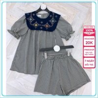 Set đồ bộ kẻ đen - Bộ đồ mặc nhà cổ phối màu xanh than siêu xinh- Set bộ dáng babydoll tiểu thư