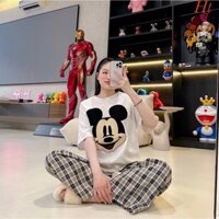 Set đồ bộ mặc nhà áo phông mickey, quần suông kẻ caro