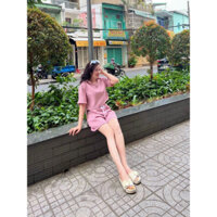 Set Đồ Bộ Mặc Nhà Đi Chơi Dạo Phố Dáng Lửng Croptop Chất Tổ Ong Mềm Mịn Cổ TRụ Tim Có Dây Khoen Rút Quần Có Dây Luồng Đi