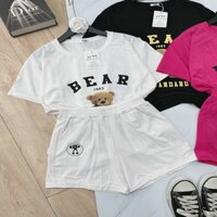 Set Đồ Bộ Mặc Nhà Nữ Hình Gấu Chữ BEAR - Áo Thun Unisex Phối Quần Rộng short Đùi cute - free size - trắng