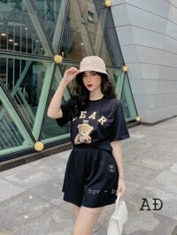 Set Đồ Bộ Mặc Nhà Nữ Hình Gấu Chữ BEAR - Áo Thun Unisex Phối Quần Rộng short Đùi cute - free size - đen