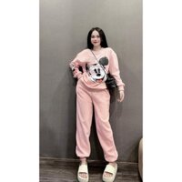 Set Đồ Bộ Mùa Đông Nữ In Chuột Mekey Dễ Thương Cổ Tròn Chất Nỉ Mềm Mịn Dày Dặn Ấm Áp Mùa Đông Size Từ 38-62kg