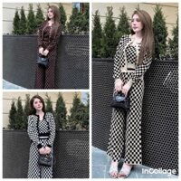 Sét đồ bô nữ 3 món áo khoác có nút gài phối quần ống suông in full ô vuông phối 2 màu sang trọng