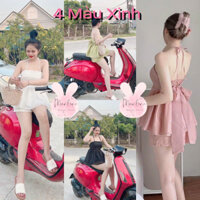 Sét Đồ Bộ Nữ Áo 2 dây Vai Nhún Bèo Phối Nơ Sau voan tơ kèm quần short