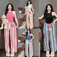 SET ĐỒ BỘ NỮ ÁO BA LỖ THUN TĂM QUẦN KẺ SỌC ỐNG RỘNG